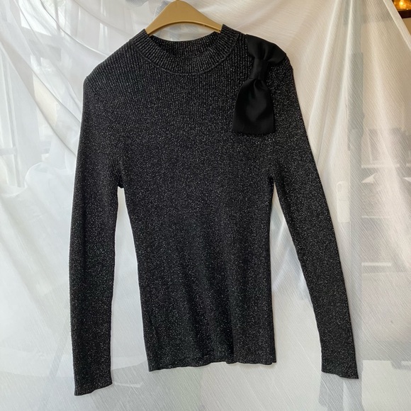 Black Sparkly mock turtleneck Sweater with Bow Detail - Picture 7 of 8